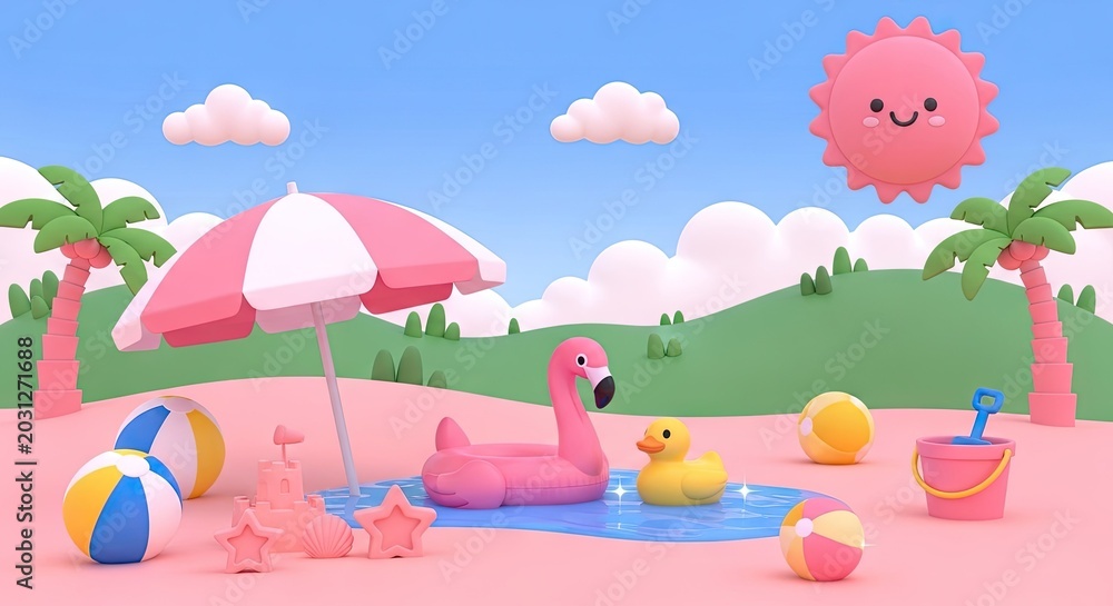 Fototapeta premium 3D summer beach landscape with flamingo floatie and sun.