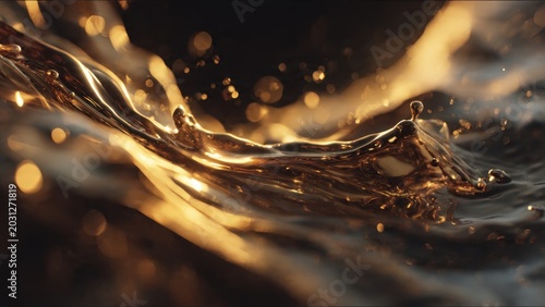 Golden Liquid Splash with Light Reflections