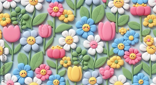 Pattern of colorful 3D clay flowers with smiling faces.