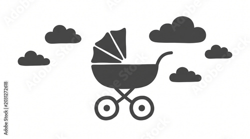 Baby stroller, pram, or bassinet icon, gray silhouette, clouds, childcare, parenting