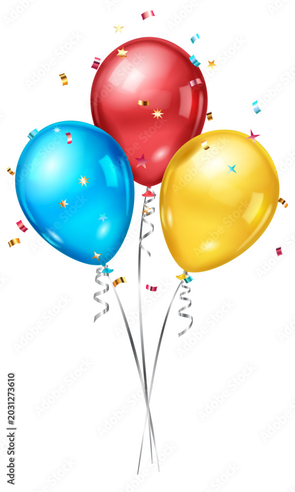 Fototapeta premium Balloons in blue, red, and yellow float together with ribbons and confetti on a white background, evoking celebration and joy.