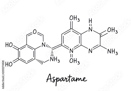 Foto Aspartame chemical structure diagram with molecular formula.