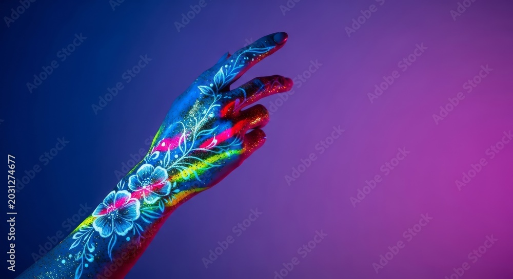 Obraz premium Close up view of a graceful hand decorated with vibrant neon paint splatters, shimmering gold glitter, and delicate floral body art designs, gold, floral, ink