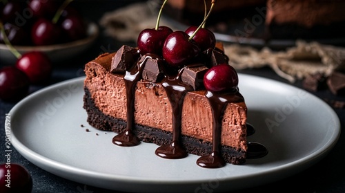 Quadro em tela A decadent slice of dark chocolate cheesecake topped with fresh cherries and dripping chocolate ganache, served on a light plate against a dark moody background