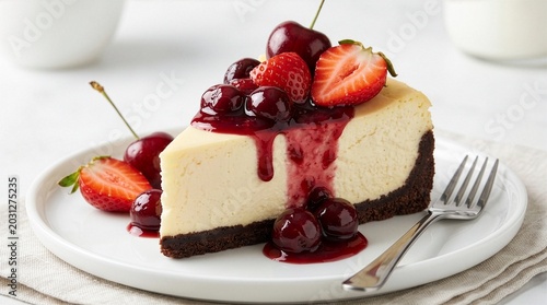 Schilderij op canvas An appetizing slice of cheesecake with a dark chocolate crust, topped with fresh cherries, strawberries, and dripping syrup, served on a white plate with a fork