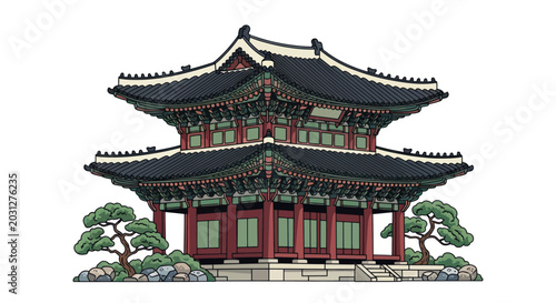 Traditional Korean Temple Building Illustration