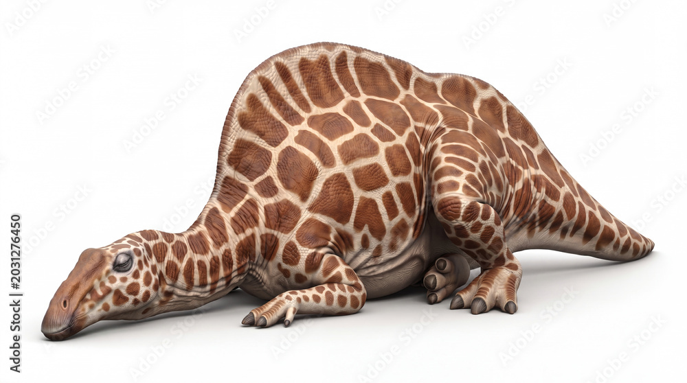 Obraz premium Ouranosaurus nigeriensis sleeping in a resting posture, showing natural behavior and accurate anatomy in a detailed scientific paleontological reconstruction isolated on white background