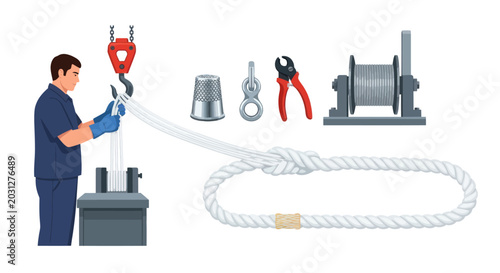 Foto Worker performing rope splicing with industrial tools and crane hook