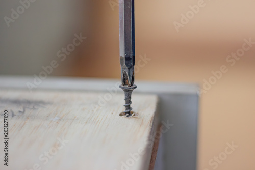 Foto Phillips head screwdriver turning screw into wooden board