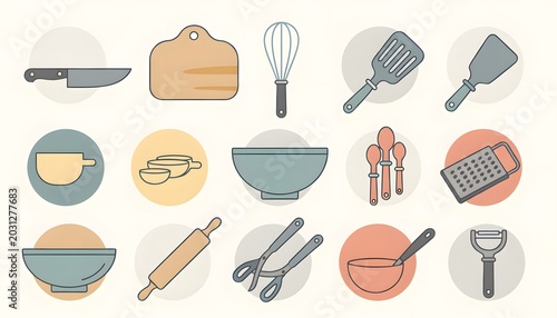 Modern flat design vector icon set featuring essential kitchen utensils and cooking tools for culinary graphics, food preparation, and home cooking illustrations