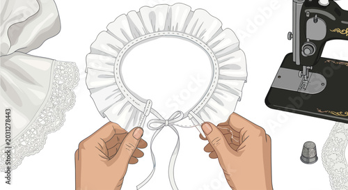 Bild auf Leinwand Hands Sewing Ruffled Collar Vector Illustration