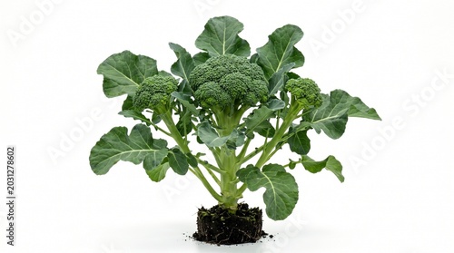 Fresh Green Broccoli Plant with Visible Roots and Soil on White Background