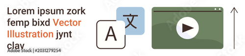 Language learning, video translation, multimedia tools, online education, communication, globalization. Play button, language symbols and interface icons. Language learning and video translation