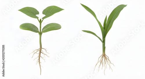 Scientific 3D Comparison of Monocot and Dicot Seedlings Isolated on White Background