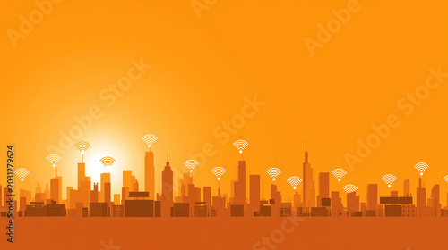Flat Style Cityscape with Orange Gradient Sky and Urban Silhouette