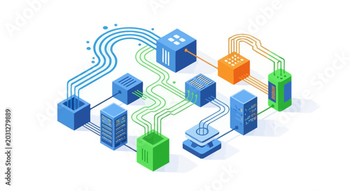 Obraz na plátně A network of interconnected servers and data storage.