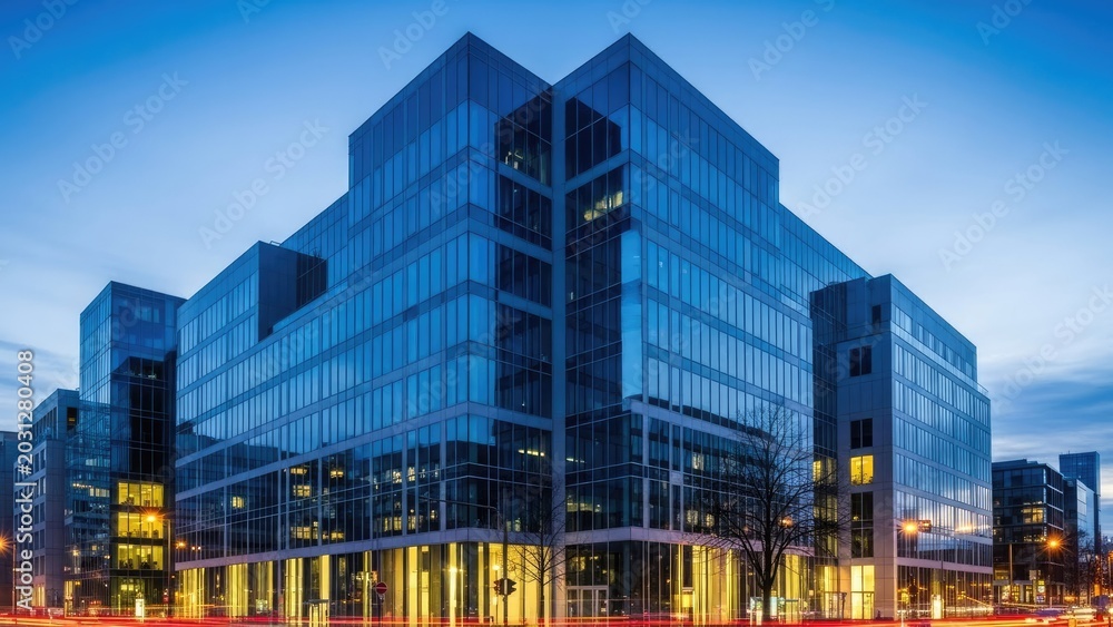 Fototapeta premium Modern glass office building facade illuminated at night.