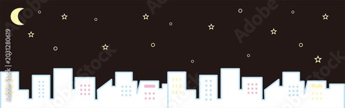 Night cityscape background city street building moon star night sky horizontal banner copy space