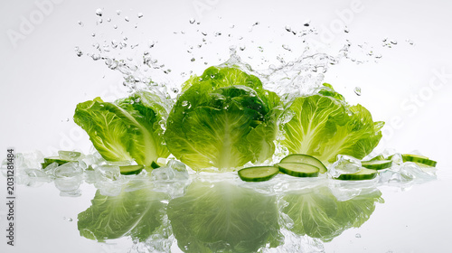 Green Lettuce Leaves with Water Drops and Ice Freshness Concept