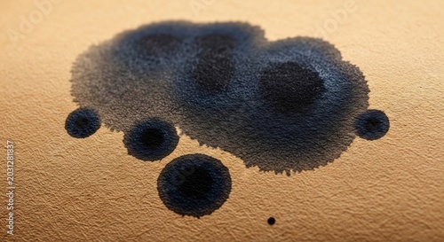 Abstract Dark Organic Form with Spheres Floating in Golden Textured Space.