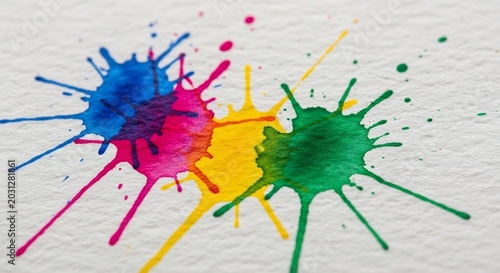 Vibrant Paint Splatters on Textured White Background Abstract Art.