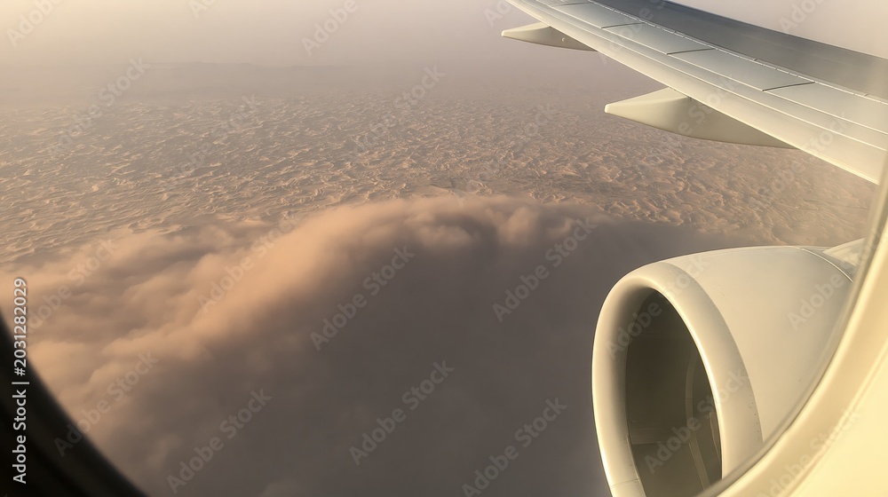 Fototapeta premium View from airplane window over desert dunes and clouds with engine and wing visible