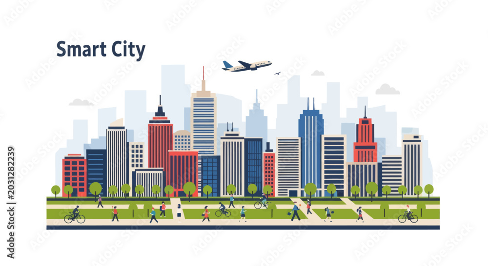 Fototapeta premium Vector illustration of a modern smart city skyline featuring eco-friendly buildings, renewable energy sources, and advanced infrastructure in a clean, futuristic style.