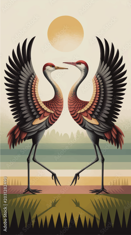 Naklejka premium Elegant pair of stylized cranes dancing at sunset, symmetrical bird illustration with long legs, wings spread, modern nature art