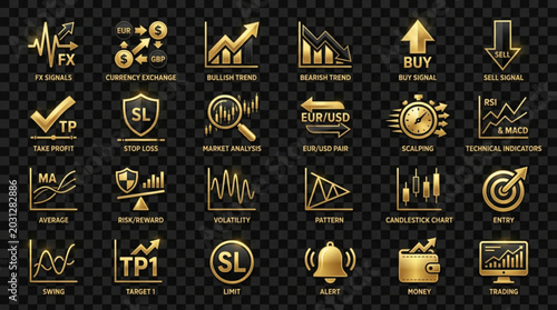 Golden forex trading icons set for market analysis and strategy on dark background