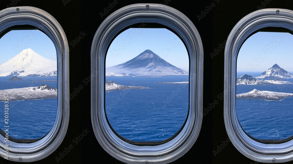 Fototapeta premium View of snow-capped volcanic islands from airplane windows over the ocean