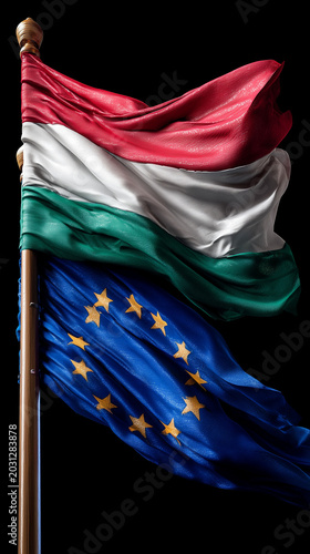 hungarian and eu flag waving on blsck background. hungary member european union