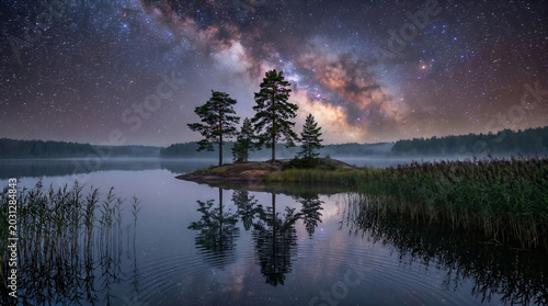 A beautiful morning sunrise casts a calm reflection over the trees and water of a peaceful lake and river landscape as the sun breaks through the clouds at dawn