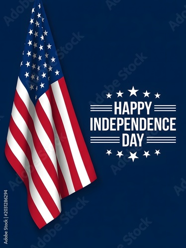 Elegant vertical 4th of July background featuring the US flag hanging from the corner over a dark blue backdrop with celebration text.