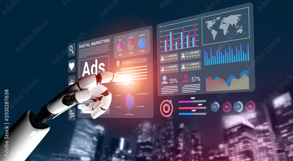 Fototapeta premium A robotic hand reaches out to interact with a dynamic digital marketing analytics dashboard, providing insights for business strategies in an urban setting. Gantry