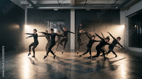 A group of modern dancers in tight black outfits performing in a moody studio.