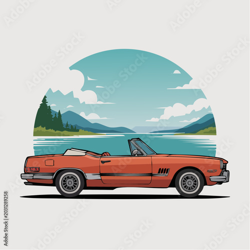 Vintage orange convertible car illustration with scenic lake and mount
