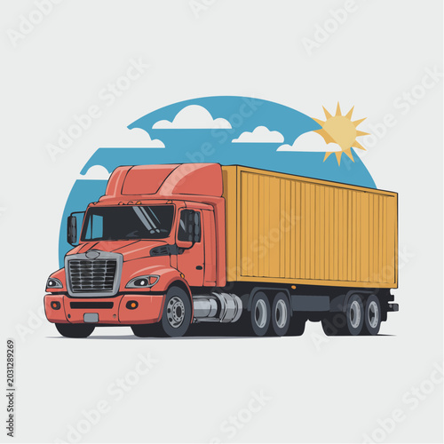 Colorful illustration of semi truck with shipping container under sunn