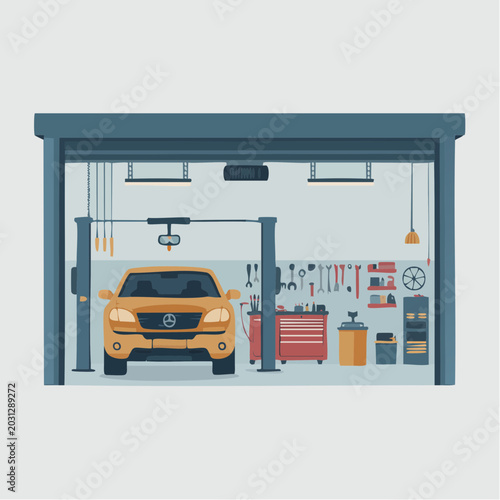 Illustration of a car in a garage with tools and equipment