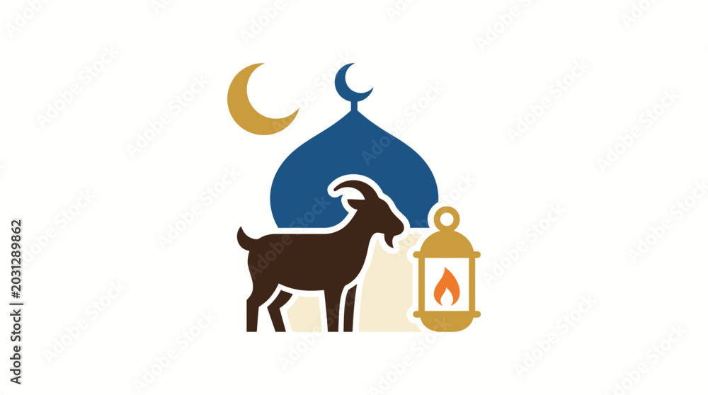 Fototapeta premium Eid al-Adha themed illustration with goat, mosque dome, and traditional lantern.