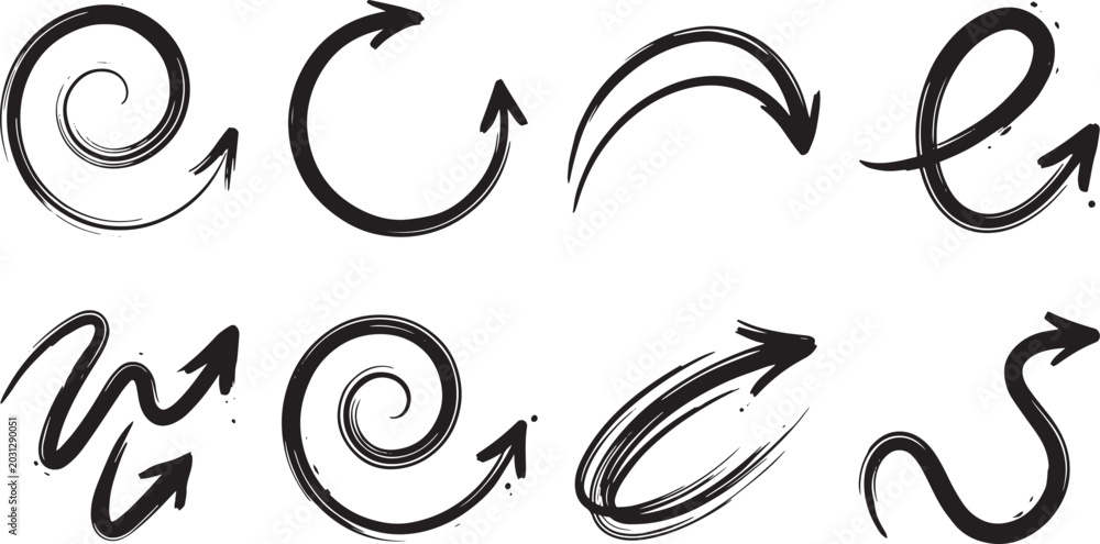 Obraz premium Sketched Brush Stroke Arrow Icons and Spiral Pointer Vector Elements Set