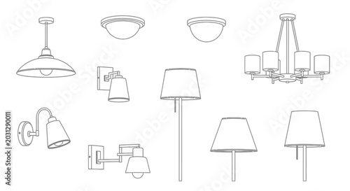 Quadro su tela Interior lighting fixtures and modern lamp set vector line art icons