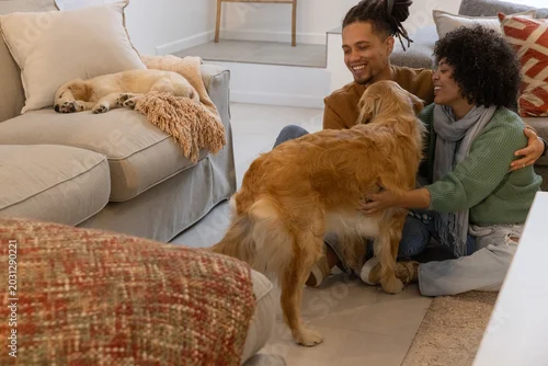 Fototapeta Couple wearing brown sweater sitting on home floor petting golden dog while puppy sleeping on sofa