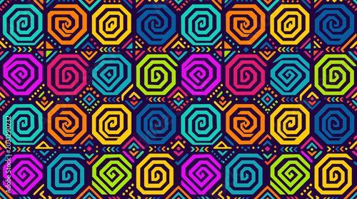 Foto Colorful geometric spiral mosaic pattern of concentric squares in a vibrant kaleidoscopic grid