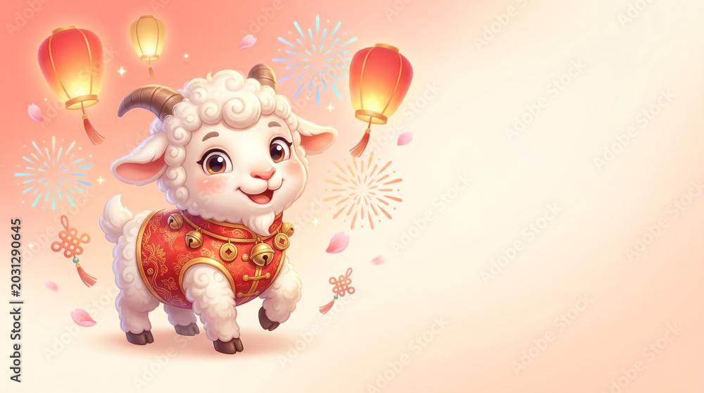 Naklejka premium Cute festive goat character with lanterns and fireworks celebrating Lunar New Year, joyful chinese zodiac mascot, prosperity and asian holiday illustration concept