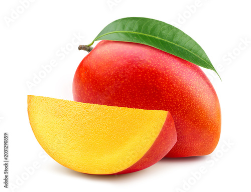 Ripe mango with slice isolated on white.