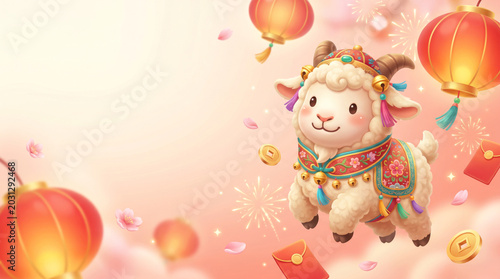 Cute festive goat inspired mascot with Chinese lanterns for Lunar New Year celebration, asian holiday prosperity, zodiac animal and joyful 2027 concept