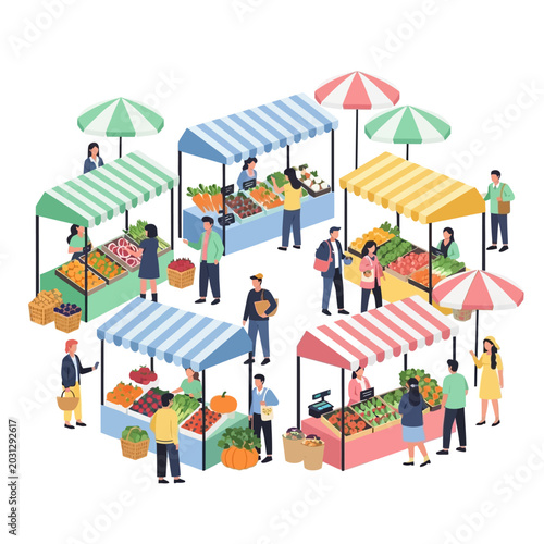 Vibrant Outdoor Farmers Market Scene with Shoppers and Produce.