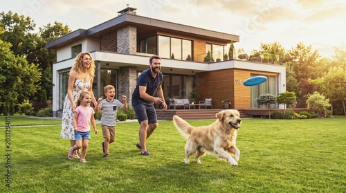 A joyful family with two happy children and their golden retriever dog running and playing frisbee together on the green lawn in front of their beautiful modern house at sunset