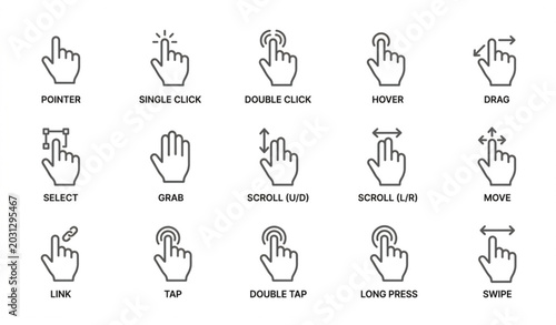 Photos Hand cursor icon set with finger mouse gestures and outline interface symbols