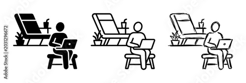Obraz na płótnie Remote Work Icons: Person Working on Laptop by Lounger, Freelancer Lifestyle, Di